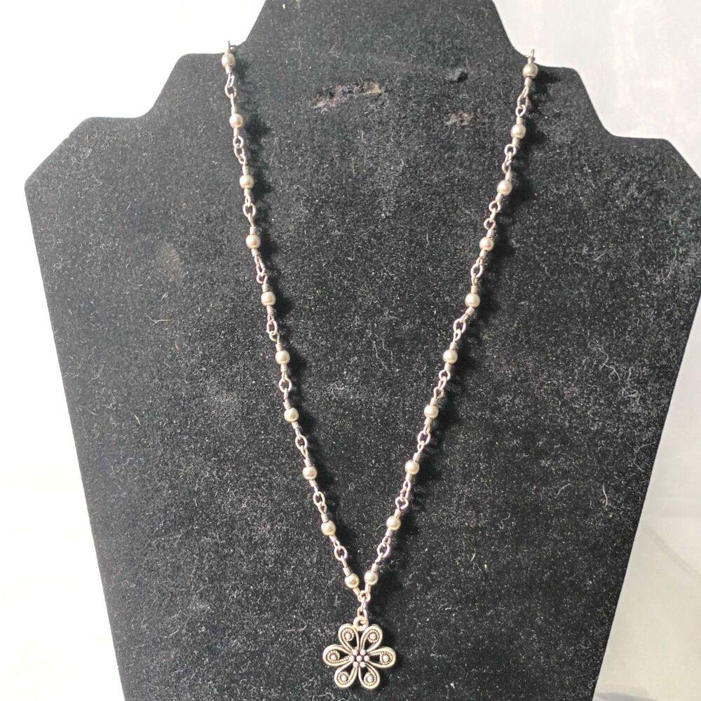 Silver Tone Filigree Flower Pendant Necklace Clear Crystal Accent Vintage Style
